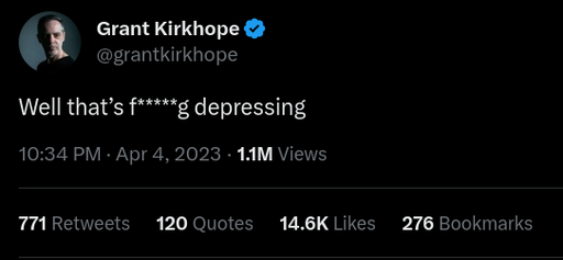 A Tweet from composer Grant Kirkhope: "Well that's f*****g depressing". The tweet has 14.6K likes.