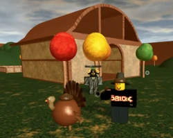 Old Roblox screenshot of some players next to a turkey, outside of a house in the autumn fields.