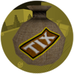 A brown bag with a yellow and brown rectangle with the word "Tix" printed on it, overlayed on top of a Spooking Out map with a orange-yellow filter.
