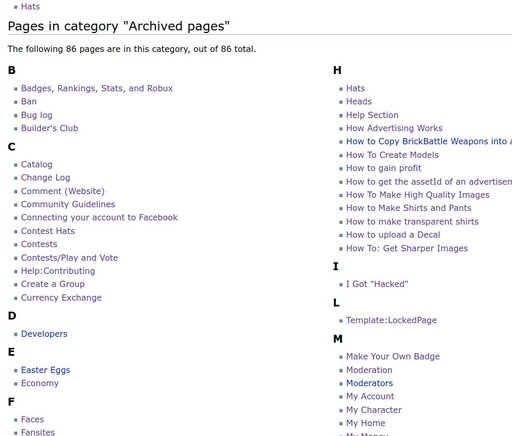 A category of pages titled "Archived pages", with 86 pages. This group is for pages that write about now-defunct classic Roblox things, mainly tutorials and components of the website and catalog.