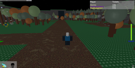 A player standing on a dirt pathway in a campsite surrounded by a forest, and ghosts.