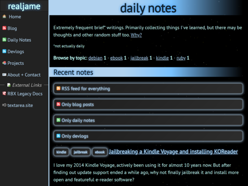 The Daily Notes index page, featuring a brief explanation paragraph, tag filter and RSS options, and the list of recent notes.