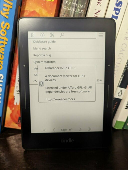 Picture of my jailbroken Kindle Voyage showing the KOReader About screen.