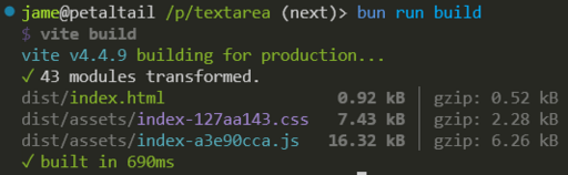 A terminal screenshot of the logs for a production build of the Svelte textarea.site, showing the sizes of the bundled HTML, CSS, and JS files.