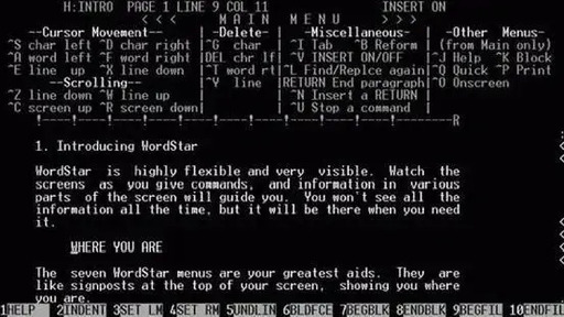 Screenshot of WordStar 4.0 for DOS, entirely just gray text on a black screen.