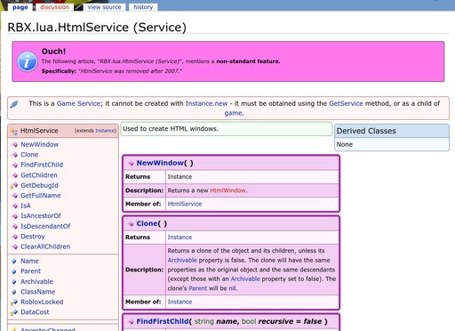 A new object documentation article for the "HtmlService" service. It has a banner noting users that this feature is "non-standard" and was removed after 2007.