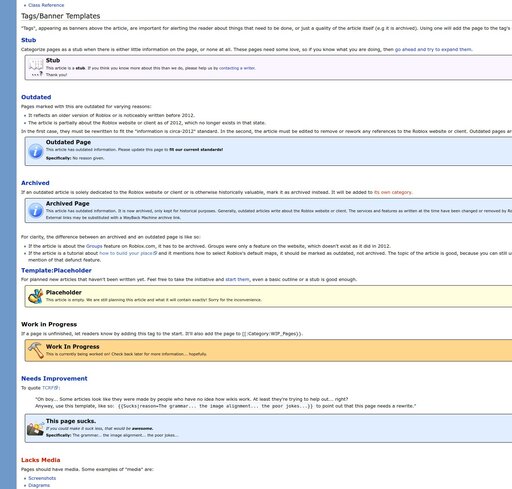 A screenshot of the Contributing help page, listing all the banner tags that editors can add on pages to mark that they need improvement, or alert users of a quality of the page (like if it is archived).